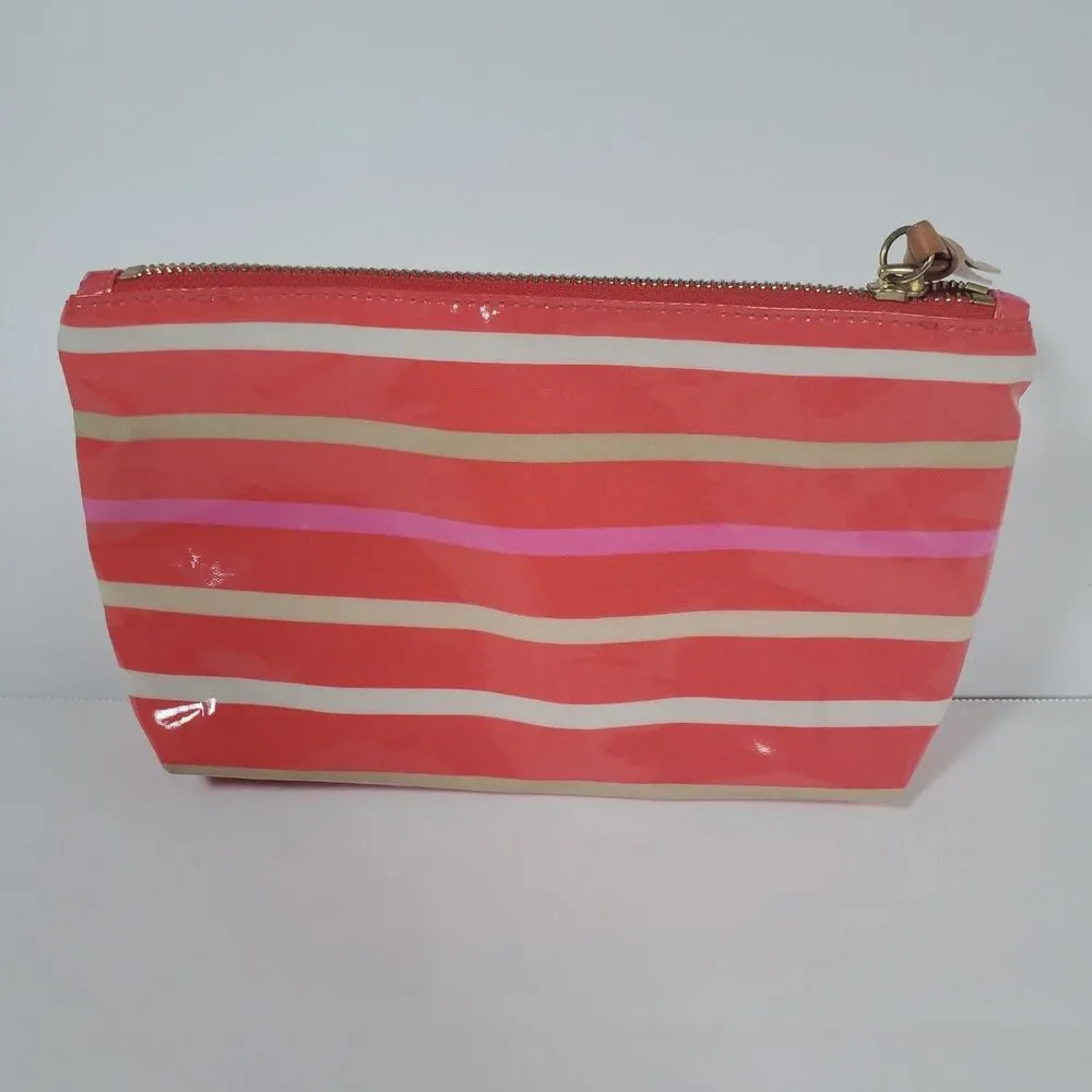 Tory Burch Women’s Makeup Bag Poppy Red Striped Case Cosmetic Pouch 5x9.25